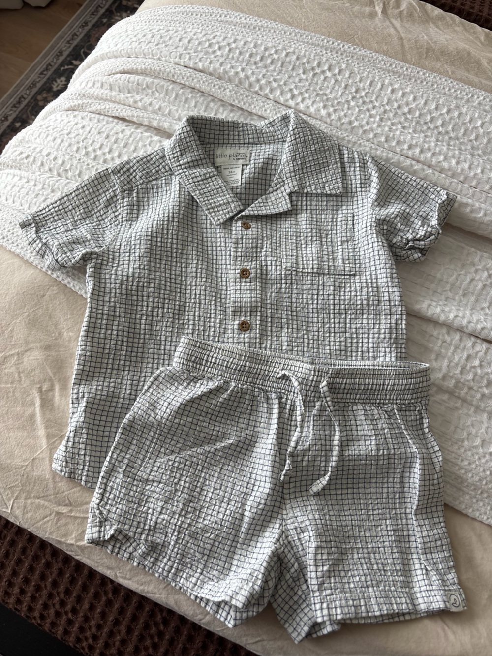 Little Peanut White & Black Grid Short Sleeve Button-Up Set